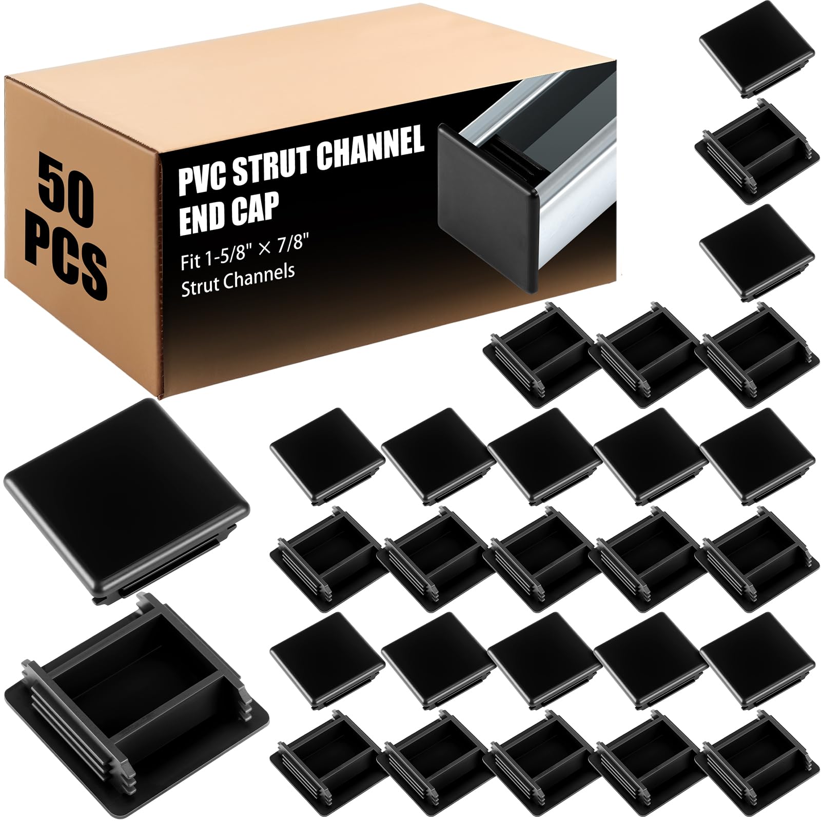 Photo 1 of MorningRo 50 Pcs 1-5/8 Black Square Plastic Strut Channel End Caps PVC Strut Channel Safety End Caps Rectangle Plug Frame Protectors