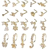 SAMOCO 20Pcs 20G Dangle Nose Ring L Shaped Dangling Nose Stud for Women Stainless Steel Nose Ring Studs CZ Flower Dangle Nose Rings Hoops Nose Piercing