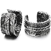Mens Stainless Steel Hammered Wrap Ear Cuff Earrings, Clip-on, Double Band Vintage Oxidized Silver Chunky Huggie