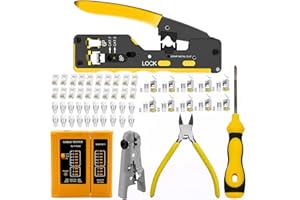 Gaobige rj45 Crimp Tool Kit, Pass Through Cat7 Cat6A Cat6 Cat5e Cat5 rj45 Crimping Tool with 10PCS Cat7 Shielded Connectors 10PCS Covers 20PCS Cat6 Pass Through Connectors 20PCS Covers Network Tester