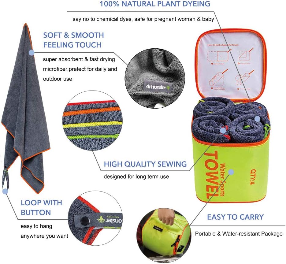 4Monster 4 Pack Microfiber Bath Towel Camping Towel Swimming Towel Sports Towel with Accessory Bag, Quick Dry & Super Absorbent for Travel Gym, Suitable for Adults Kids Family, 24 X 48 Inch: Home & Kitchen