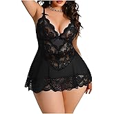 OYOANGLE Women's Plus Size Floral Lace Nightgowns Mesh Patchwork Camisole Bra Panty Lingerie Dress