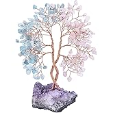 mookaitedecor Natural Rose Quartz & Aquamarine Crystal Tree with Amethyst Cluster Base, Money Tree of Life Ornament for Feng Shui Desk Decoration