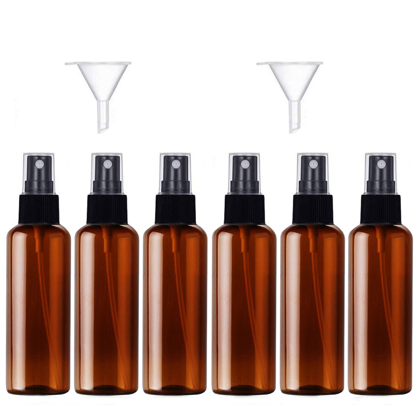 JamHooDirect 6PCS,50ml Empty Plastic Spray Bottle Fine Mist Travel Atomiser Set with 2 Funnels and 12 Labels - Refillable Travel Bottle Toiletries Liquid Containers for Cosmetic Make-up (Brown)