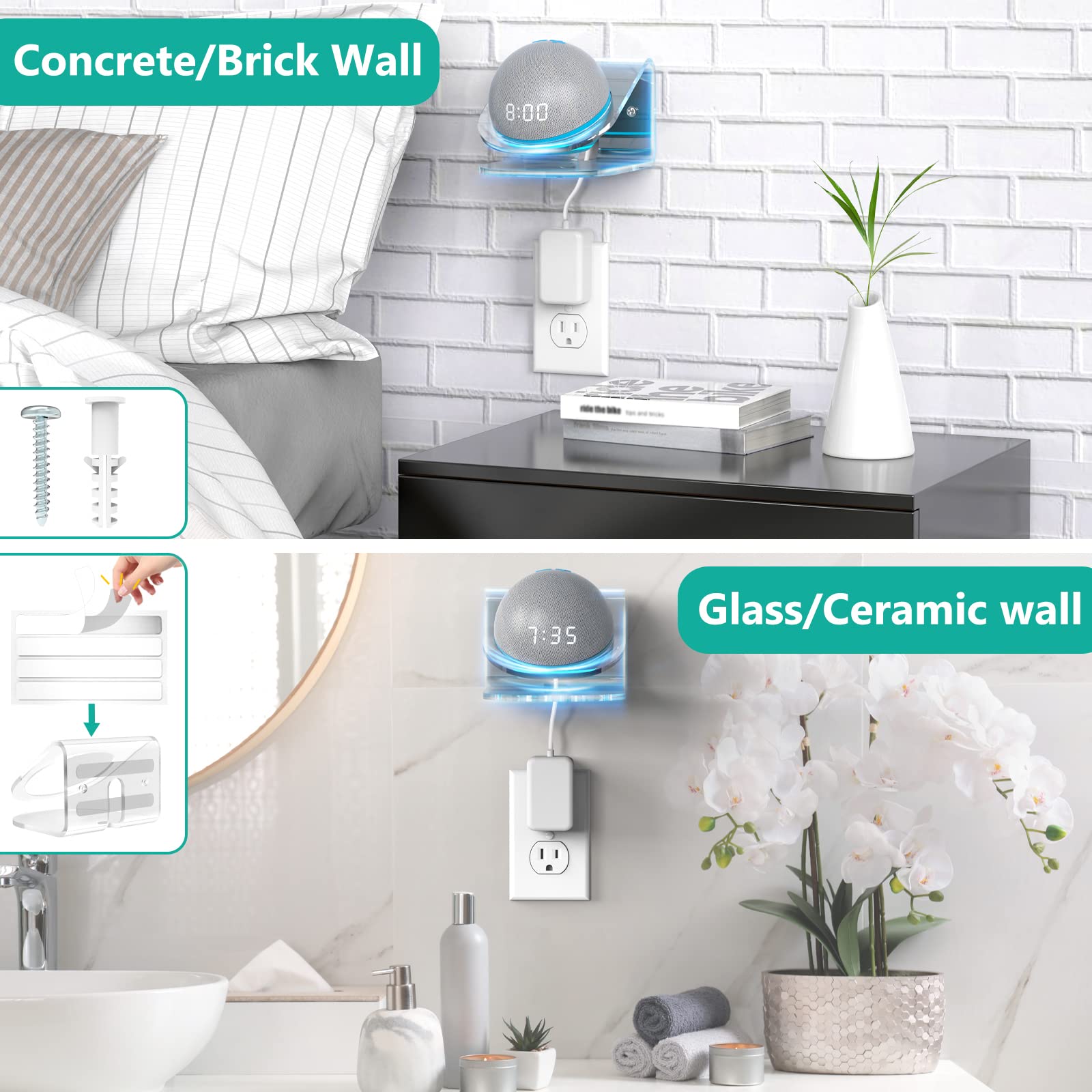 WALI Speaker Wall Mount Holder for Echo dot 4th 5th Gen, Space Saving Transparent Wall Mount Bracket Shelf (SWM-EH-04C), 1 Pack, Clear