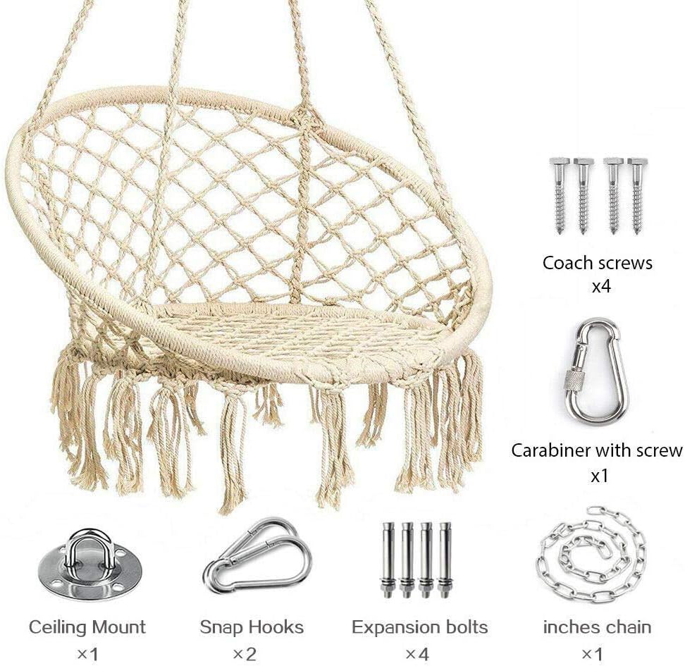 NATEE Hammock Chair Macrame Swing | Swinging Garden Chairs Outdoor&Indoor | Comfy Swinging Garden Chair | Cotton Rope Macrame Hammock for Bedroom, Patio, Deck, Garden Reading with Hanging Kit - Hooks