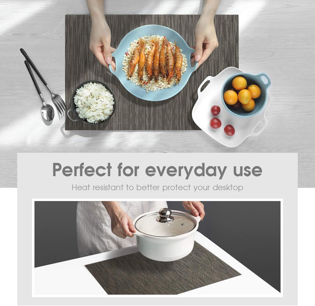 HOKEKI Placemats,Washable Vinyl Heat Resistant Table Mats,Non-Slip Wipe Clean PVC Placemats for Dining Table Sets of 4 (Grey-Black): Home & Kitchen