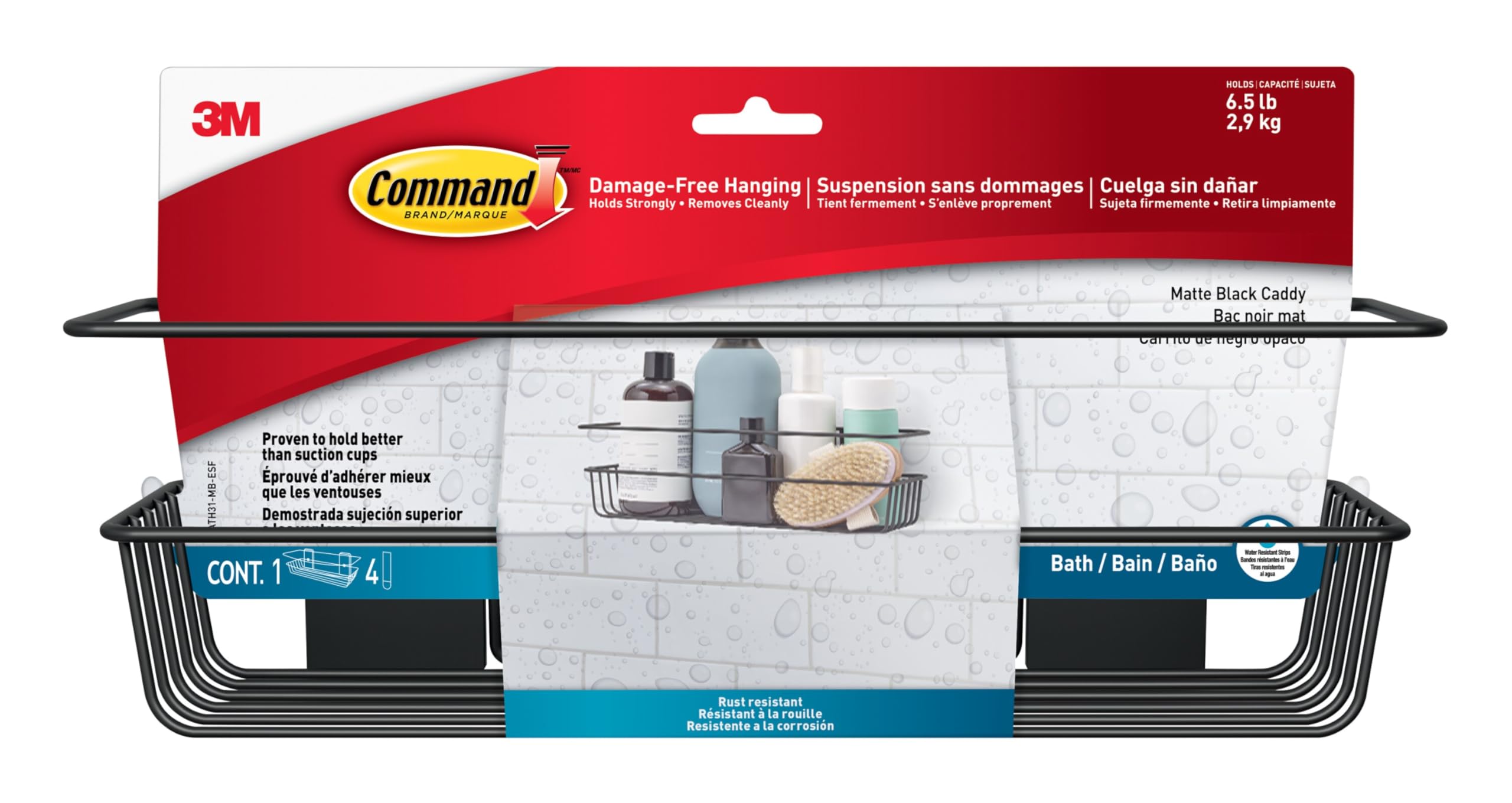 Command Shower Caddy Matte Black with Water Resistant Strips, Bathroom Organizer, Holds up to 6.5 lbs