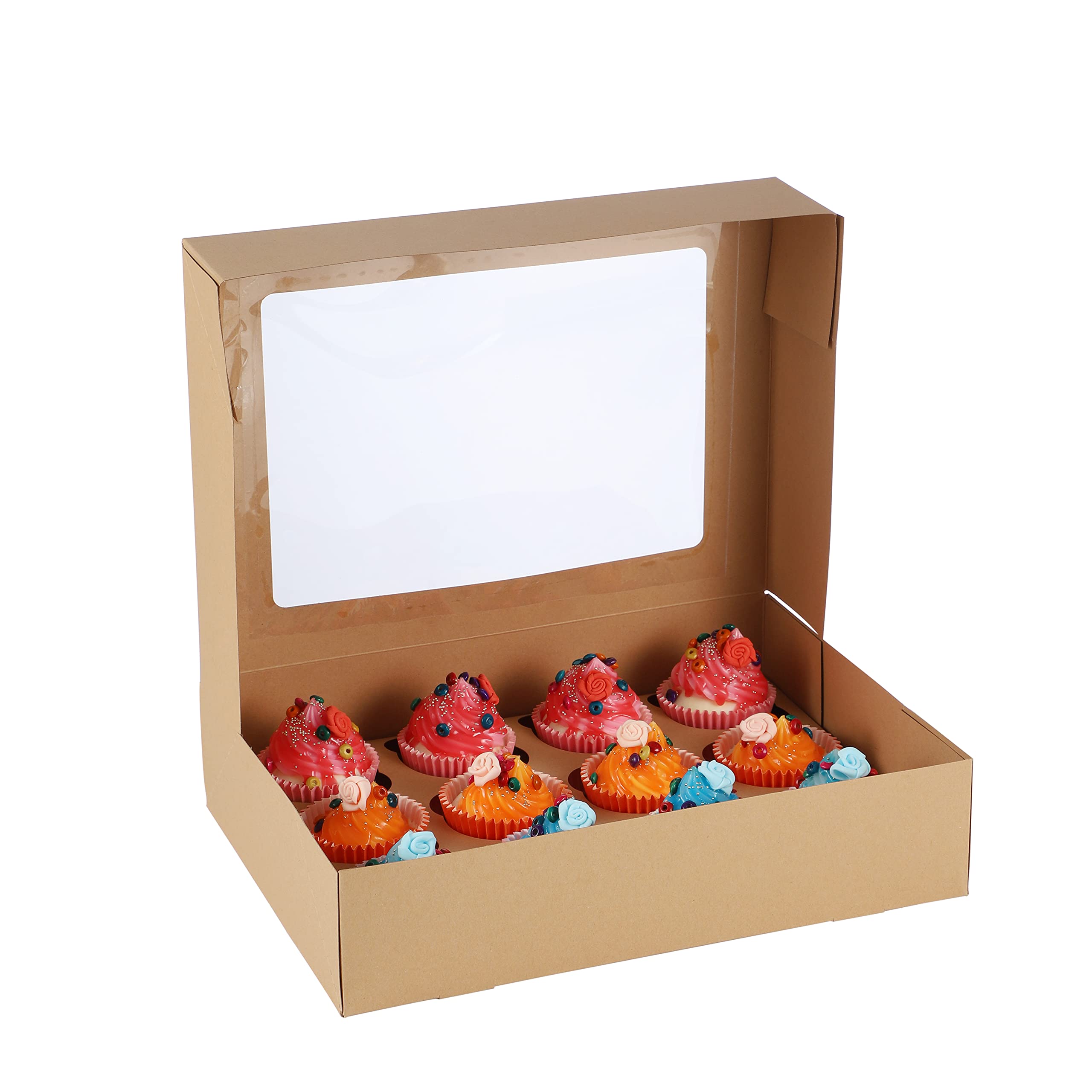 Komonee 12 x Cupcake Boxes Kraft Brown Holds 12 Single Fairy Cake With Clear Window Cardboard Packaging Box Baking Kids Muffins Cookies Weddings