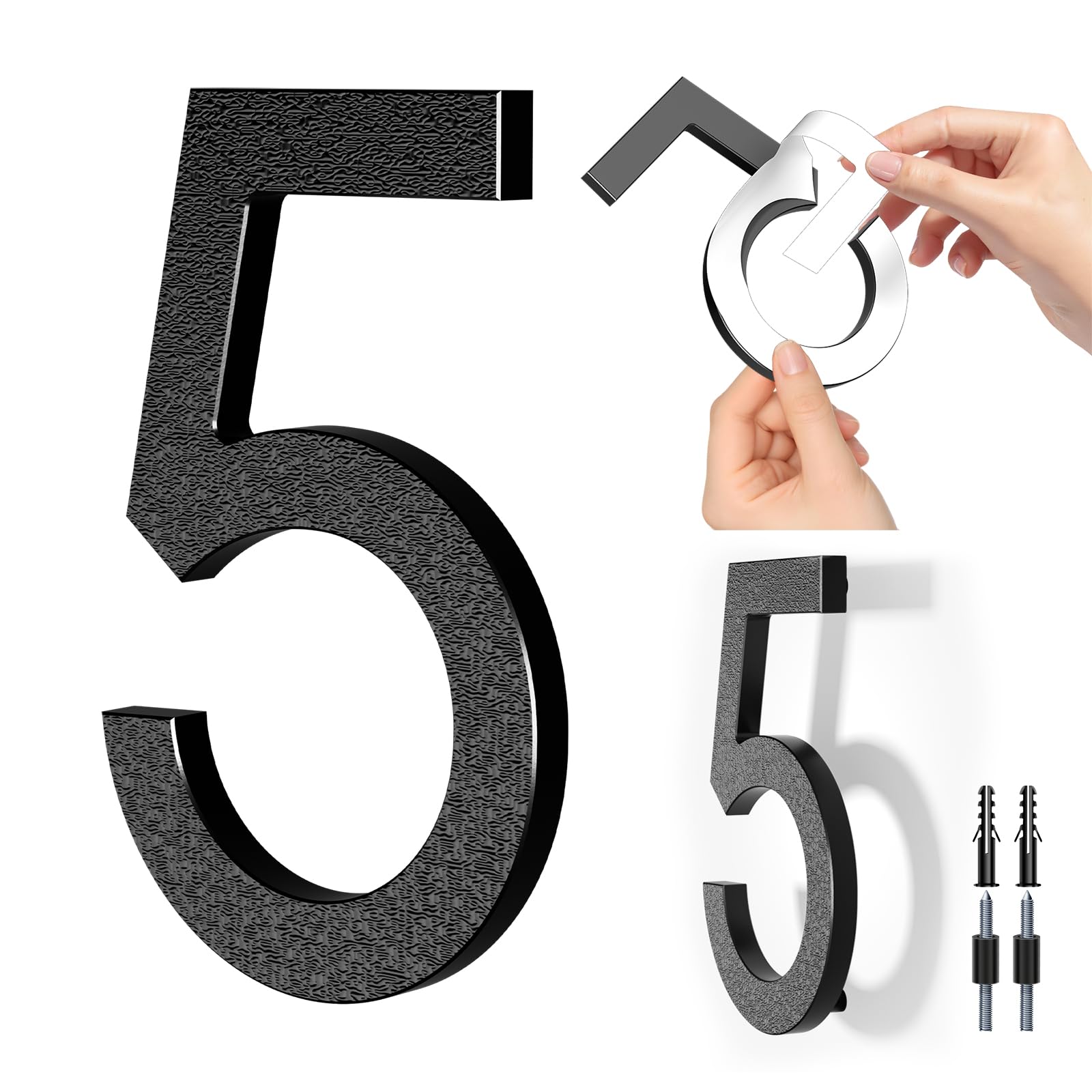 Photo 1 of 6 Inch Floating House Number,Self-adhesive House Address Numbers for Outside,Black Modern House Numbers for Outside,Garden Door Mailbox Decor Number Easy Installation with Self Adhesive or Screws (5)