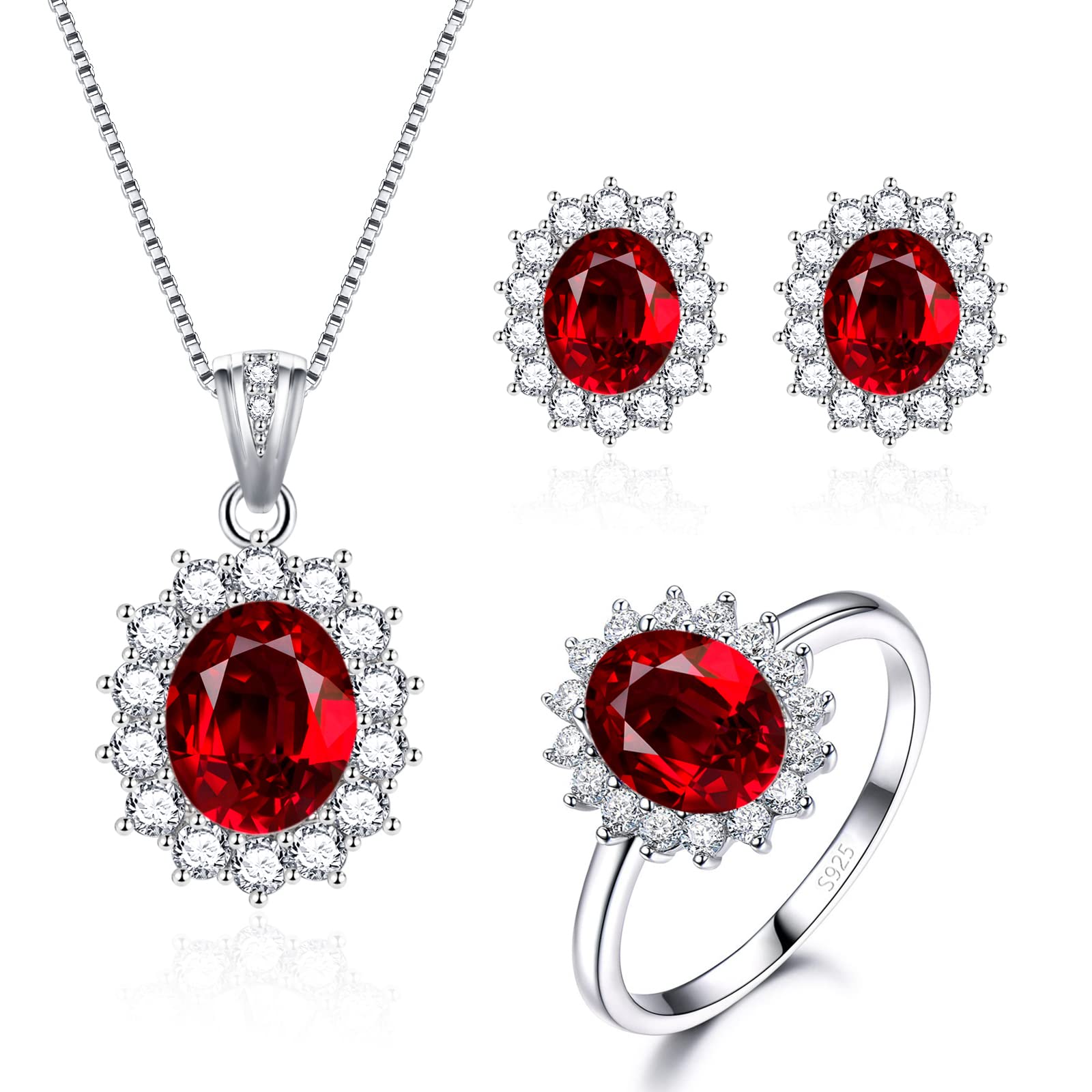 Cangall Silver Jewellery Sets for Women, Sterling Silver Necklace Studs Earrings Rings Set, Ruby Princess Diana Bridal Jewellery Sets with 5A Cubic Zircon, Jewellery Kit with Gift Box for Birthday
