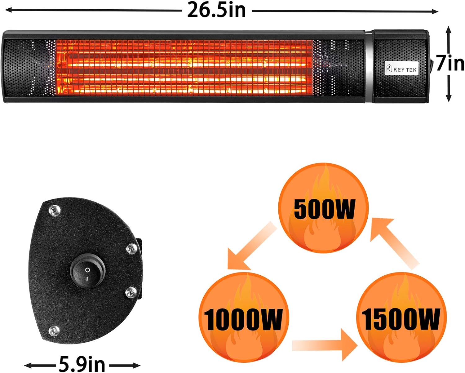 KEY TEK Wall-Mounted Patio Heater Electric Infrared Heater Indoor/Outdoor Heater Electric for Garage Backyard Wall Patio Heater Waterproof with Remote Control Golden Tube for Fast Heating, Black: Kitchen & Dining