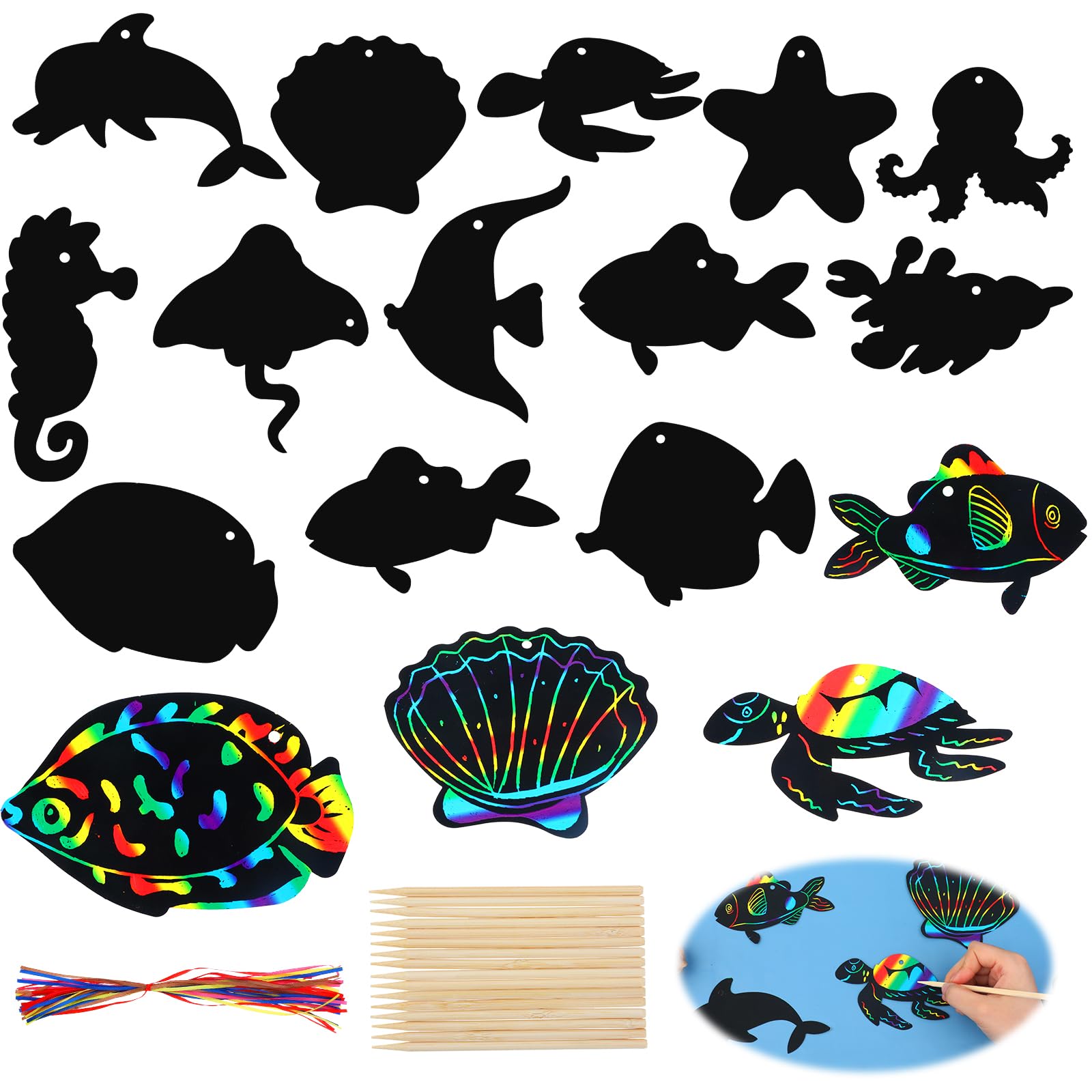 COMNICO 36pcs Scratch Paper Art for Kids Ocean Animals Scratch 12 Styles Rainbow Fish with Wooden Stick and Ribbon Summer Scratch Card for DIY Crafts Home Decoration Rainbow Arts Under the Sea Party