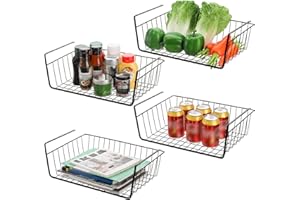 Tebery 4 Pack Black Under Shelf Wire Basket, Hanging Storage Baskets Under Cabinet Add-on Storage Racks, Slide-in Baskets Org