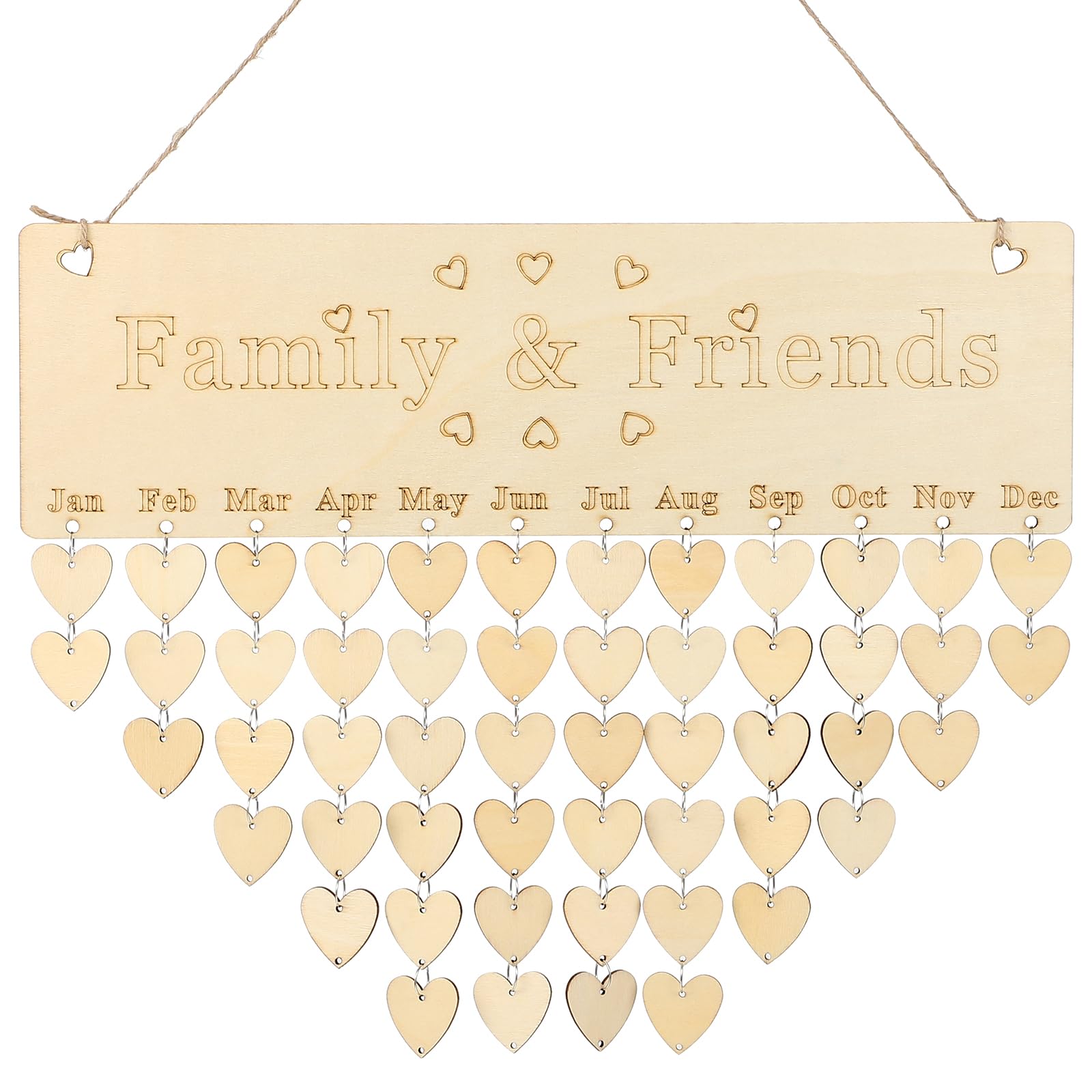 ULTNICE Wooden Birthday Calendar Plaque Hanging Family Birthday Reminder Board with 50 Heart Tags for Home Wall Decoration 15.7X4.7 Inch