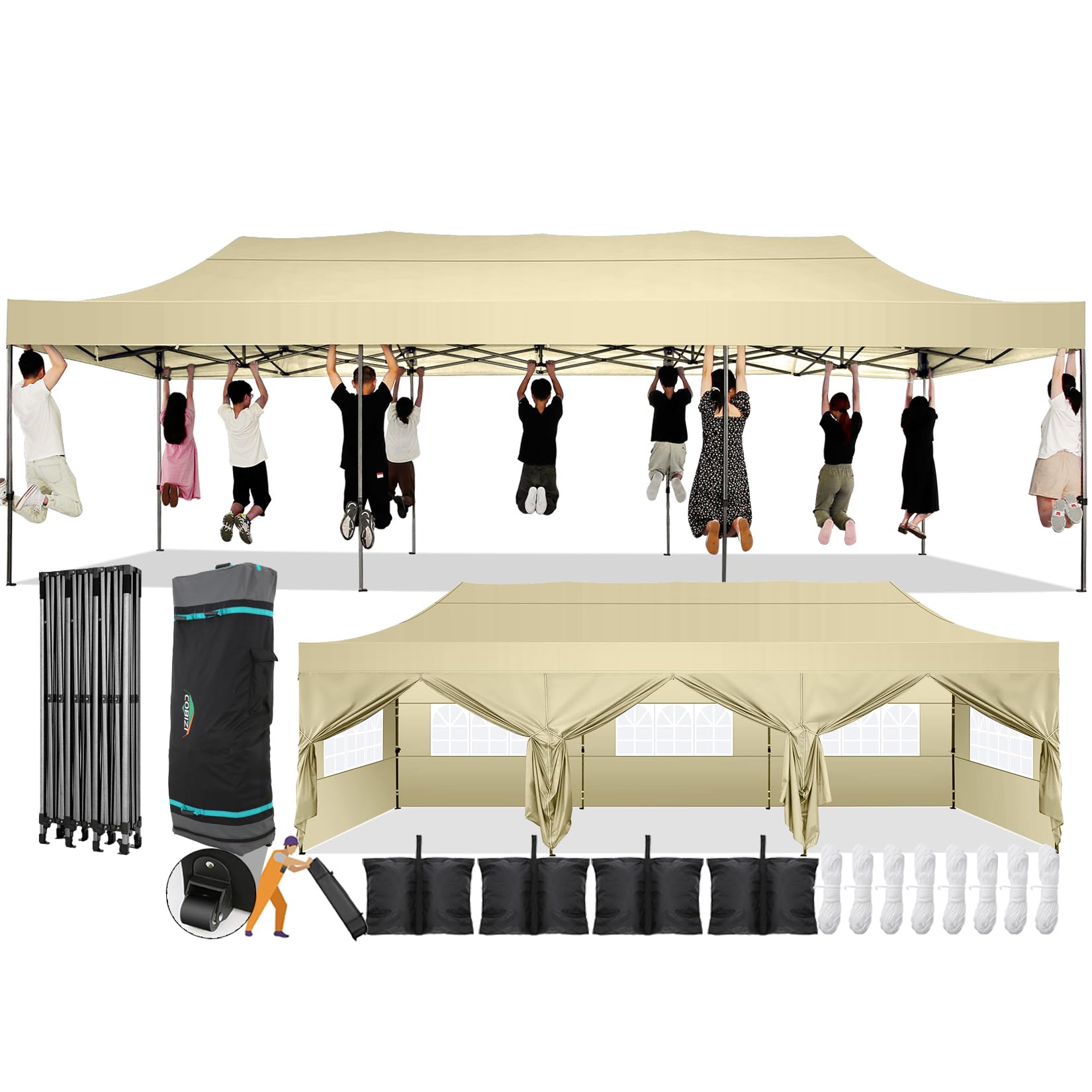 Photo 1 of **MINOR USE WEAR**COBIZI 10x30 Pop Up Canopy with 8 Sidewall,Heavy Duty UPF 50+ All Season Wind Waterproof Commercial Outdoor Wedding Party Tents for Parties Canopy Gazebo with Roller Bag(10 x 30 ft Khaki)