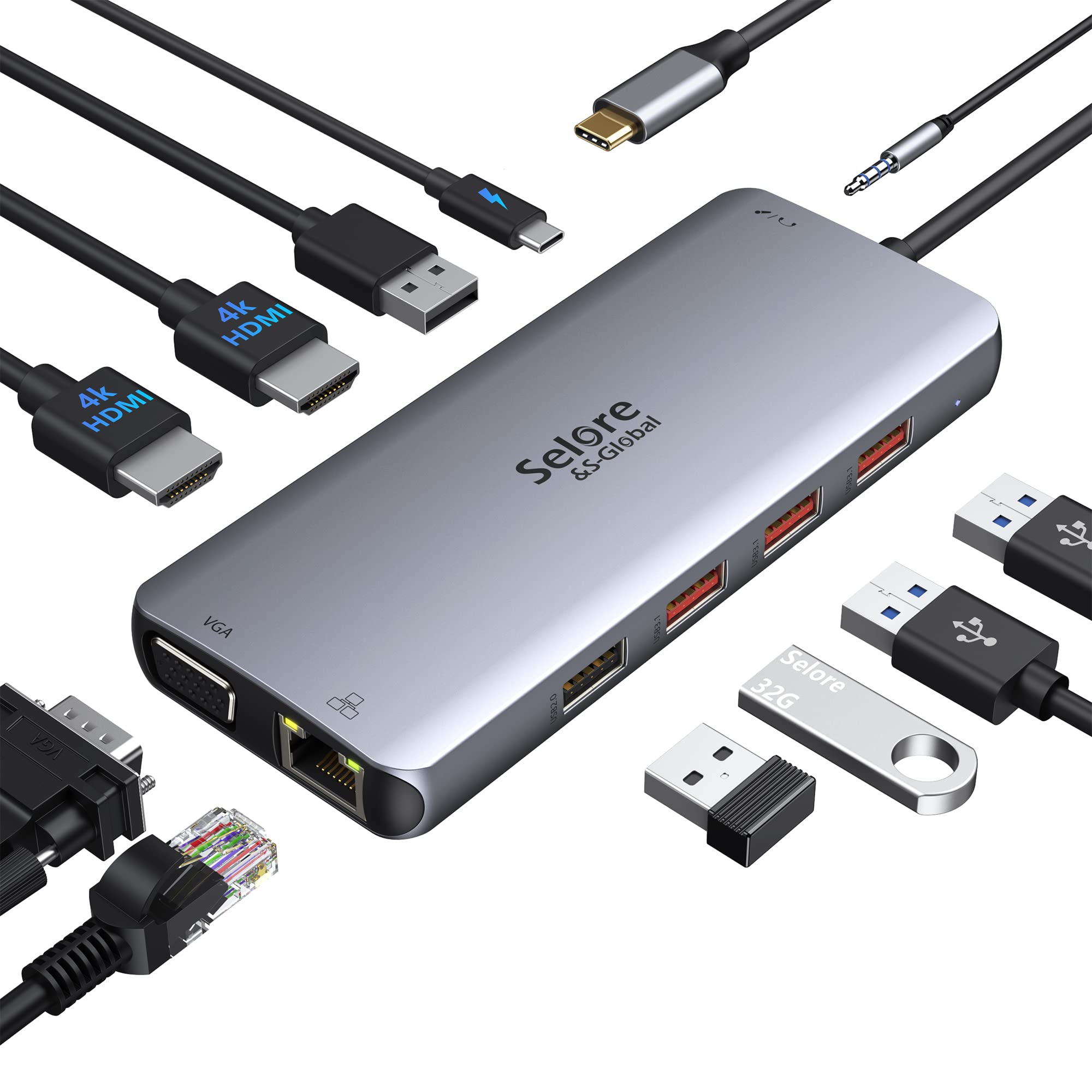 Selore&S-Global Docking Station Dual HDMI 11 in 1, USB C Hub Multiport Adapter Dual Monitor Laptop Docking Station with 2 HDMI, VGA, RJ45 Ethernet, USB 3.1/2.0, 100W PD for MacBook, Dell, Surface