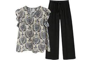 SOLY HUX Women's Plus Size Summer Two Piece Sets Ruffle Cap Sleeve Floral Blouse Belted Pants Outfits