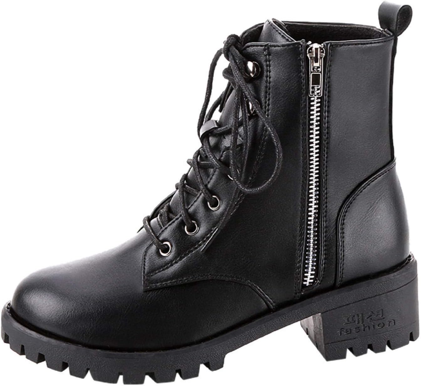 Tsmile Women Combat Boots Ankle Lace Up Vintage Faux PU Leather Zipper Cowboy Platform Motorcycle Booties Shoes