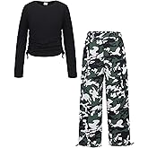 Yhnslsf Girls Clothes Tween Girl Clothing Long Sleeve Ruched Drawstring Ribbed Knit Top Camo Cargo Pants Fall Winter Outfits