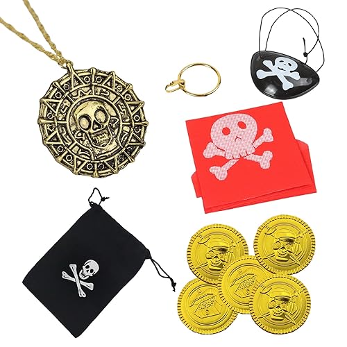 VGRDTW 6Pcs Pirate Costume Accessories Set for Adults & Kids - Eye Mask, Bandana, Earrings, Necklace, Gold Coins & Bag for Cosplay, Parties, Halloween
