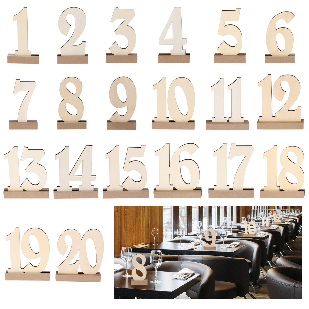 ROSENICE Table Number with Holder Base 20Pcs Number 1 to 20 Wooden Table Numbers Wedding Banquet Party Catering Decoration Reception Table Numbers