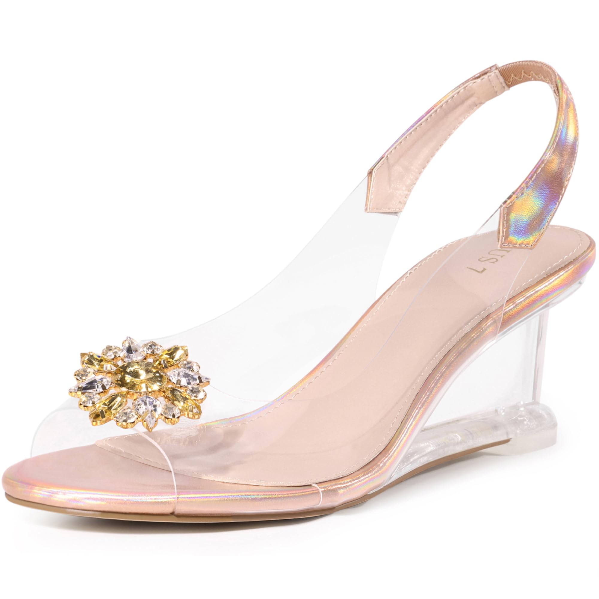 Photo 1 of Perphy Clear Rhinestone Wedge Low Heels Slingback Rose Gold Sandals for Women - 6 M US