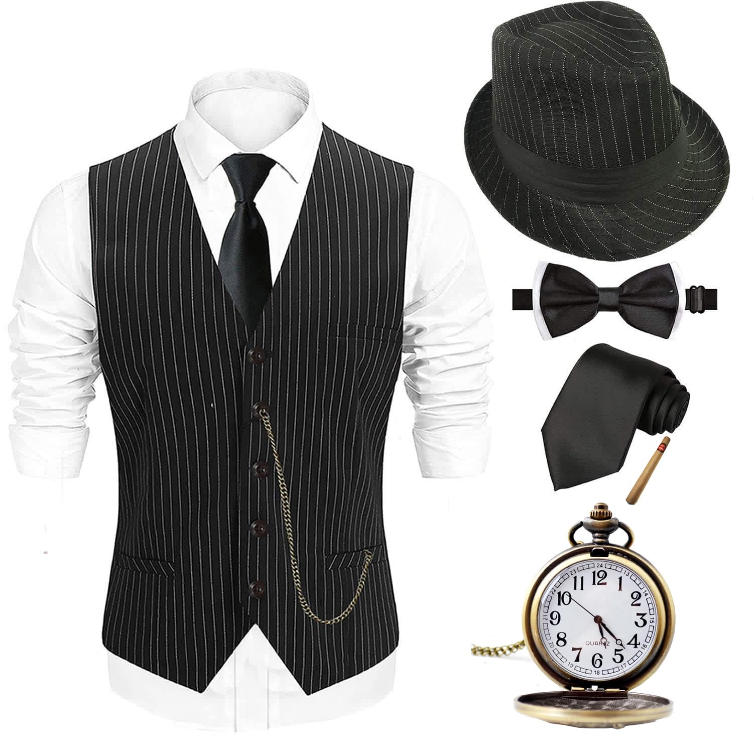 Photo 1 of EFORLED Halloween 1920s Mens Costume 2025,Gatsby Gangster Vest,Vintage Pocket Watch,Pre Tied Bow Tie,Tie,TT-XL1