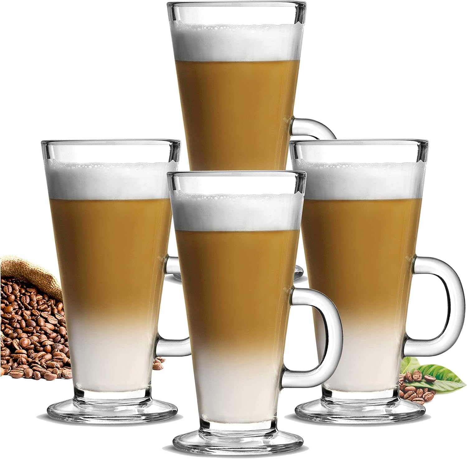 Latte Glasses Set of 4, 270ml Coffee Glasses with Handle, Toughened Heat Resistant Glass Coffee Mugs for Cappuccino, Hot Chocolate, Irish Coffee, Dishwasher and Microwave Safe