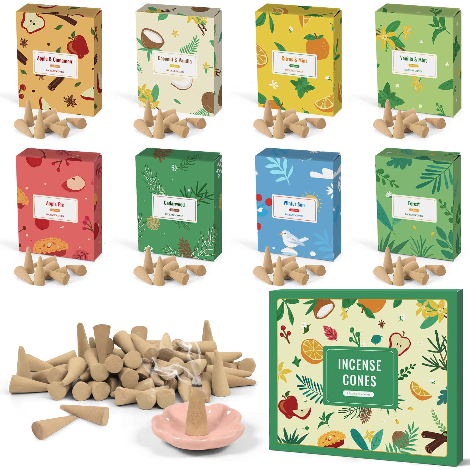 Scent-Hi Incense Cone, Scented Incense Cones, 120 Pcs, 8 Variety Fragrance, Incense Cones Set with Ceramic Incense Holder for Prayer, Meditation, Relaxation