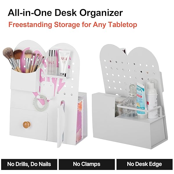 MAGNETIC PEGBOARD ORGANIZER FOR OFFICE DESK, MAKEUP VANITY, STATIONERY STORAGE, GAMING DESKTOP WITH 4 METAL ACCESSORIES DRAWER HOLDER HOOKS MODULAR – HOME DECOR TABLETOP DISPLAY KIDS ROOM – WHITE