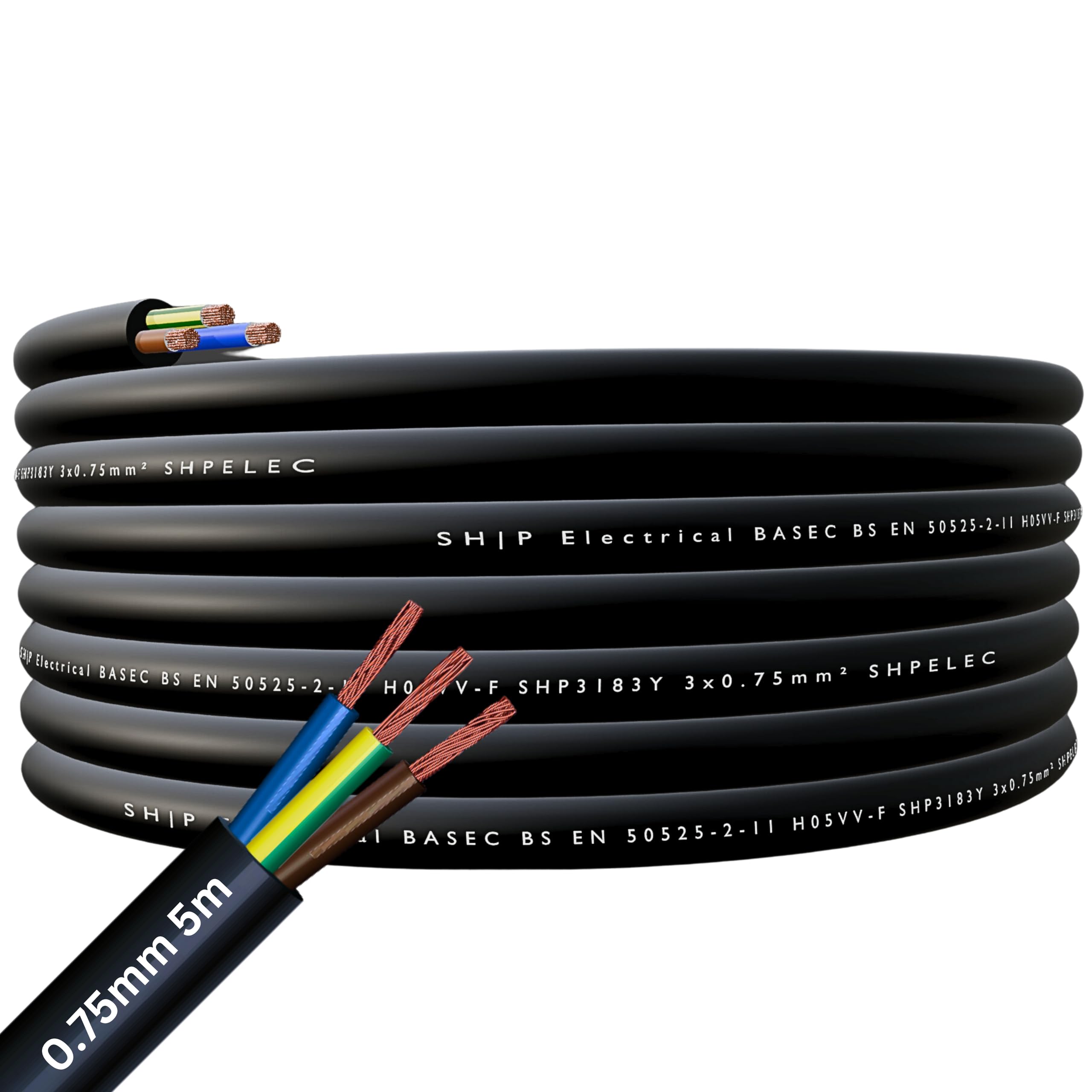 SHPELEC® FLEXIBLE Black Cable 3183Y 0.75mm, 1.0mm, 1.5mm, 2.5mm BASEC Approved Black PVC LED Lighting 5m 10m 15m 20m 50m (0.75mm 3 Core - 5metres)