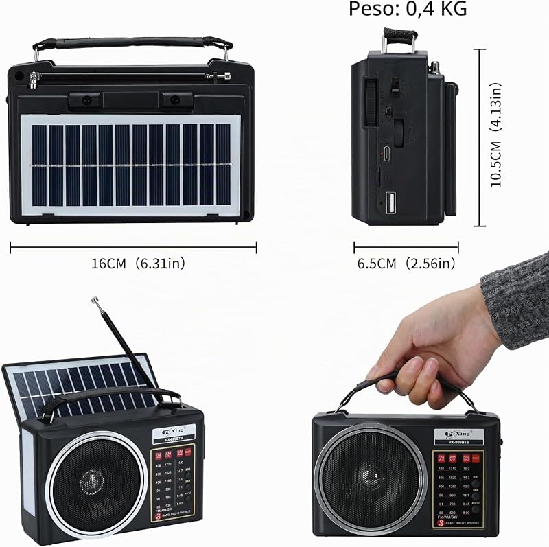 Radio Am/FM/SW Bluetooth Retro portátil y compacta con Panel Solar, iluminación LED portátil, batería Recargable, Reproductor MP3 Compatible con Tarjeta TF/USB (Negro) — foto 7 de 7