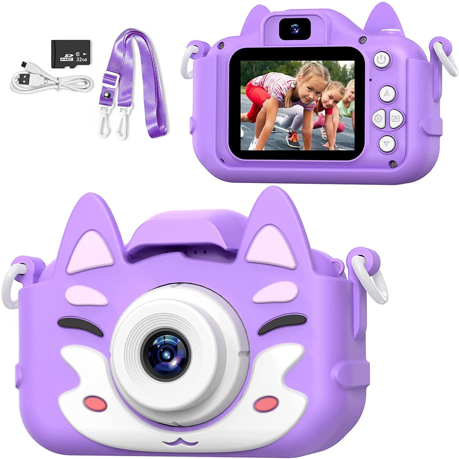 AONISE Kids Digital Camera, Kids Selfie Camera, 32GB SD Card, 1080P HD Video Recorder, Shockproof Dual lens Camera Toys for Boys and Girls, Christmas, Birthday Gifts for Kids Age 3-12 (Purple)