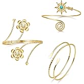 REVOLIA 3Pcs Arm Cuff Bracelet Gold Upper Arm Band Cuff for Women Adjustable Arm Cuff Bangle Bracelet Minimalist Coil Flower Armlet Armband Jewelry Set