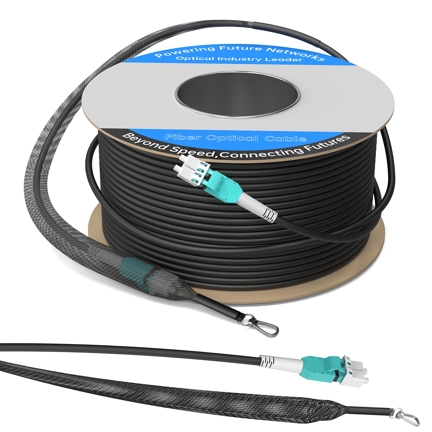 Photo 1 of 100M/328FT OM3/OM4 LC to LC Outdoor Armored Fiber Optic Patch Cable, Multimode Duplex 50/125?m, 10Gb/40Gb/100Gb, Industrial TPU Jacket, Direct Burial, Uniboot, MMF, OD 5mm, Pulling Eye Kit Installed