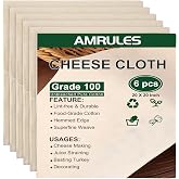 Amrules 6 Pcs Cheese Cloths, Grade 100, 20x20 Inch, Unbleached Cotton | Unbleached Cotton, Grade 100 Fine & Dense, Hemmed Edg