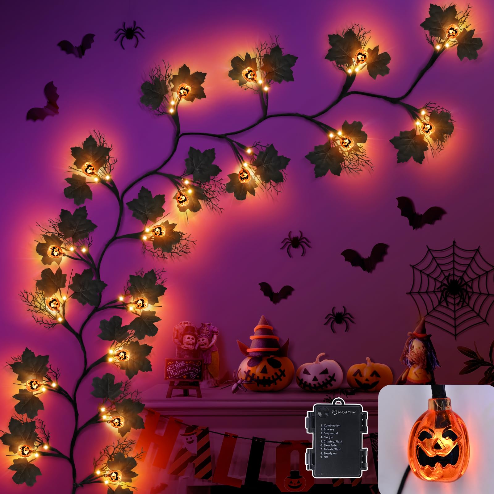 Photo 1 of FT 54 LED Halloween Lights, 8 Modes & Timer Battery Operated Halloween Pumpkins Lights with Willow Vine Twig Garland, 3D Waterproof Decorations Lights for Home Indoor Wall Fireplace Mantle Party
