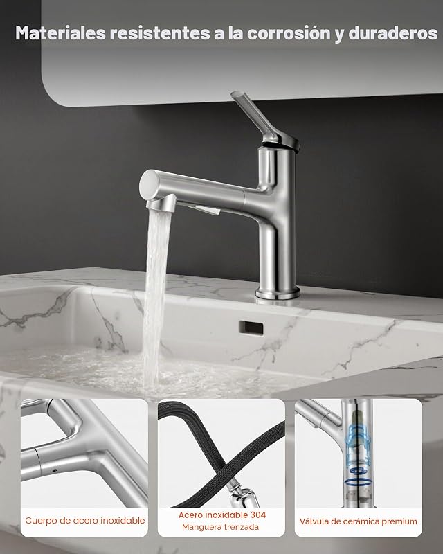 Grifo de Lavabo en Níquel Cepillado y Acero Inoxidable, Grifo de Cocina con Rociador Extraíble, Mezclador Monomando para Baño, Caravana, Bar, Resistente a la Corrosión, 260 x 210 x 52 mm
