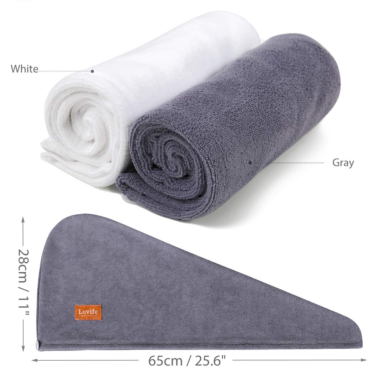 Lovife Microfiber Hair Towel Drying Wraps for Women Bath Shower Head Turban Towels cap with Button 2 Pack Absorbent Anti-Frizz for Long & Curly Hair