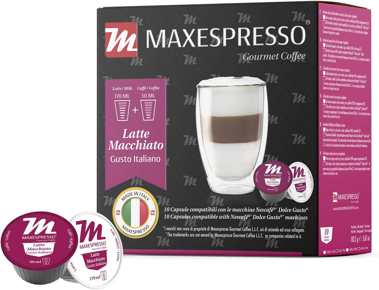 Maxespresso Gusto Italiano - Latte Macchiato (10 Capsules), Dolce Gusto Compatible, Maxespresso Gourmet Coffee, 100% Made In Italy. (Dolce Gusto Compatible)