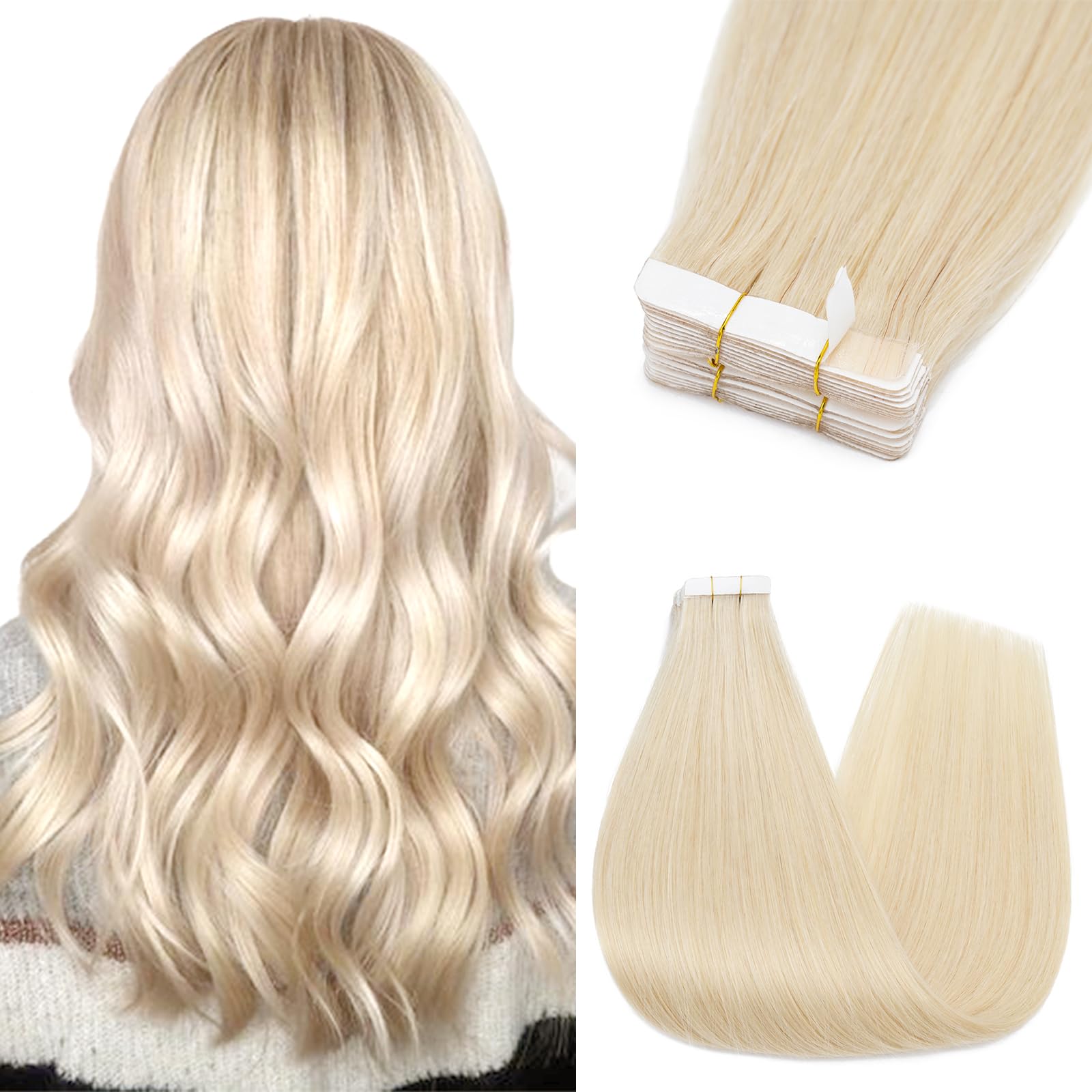 Silk-co 16inch Tape on Hair Extensions #60 Platinum Blonde Real Remy Straight Human Hair Tape in 10 Pcs 25g/Set Invisible Glue Skin Weft