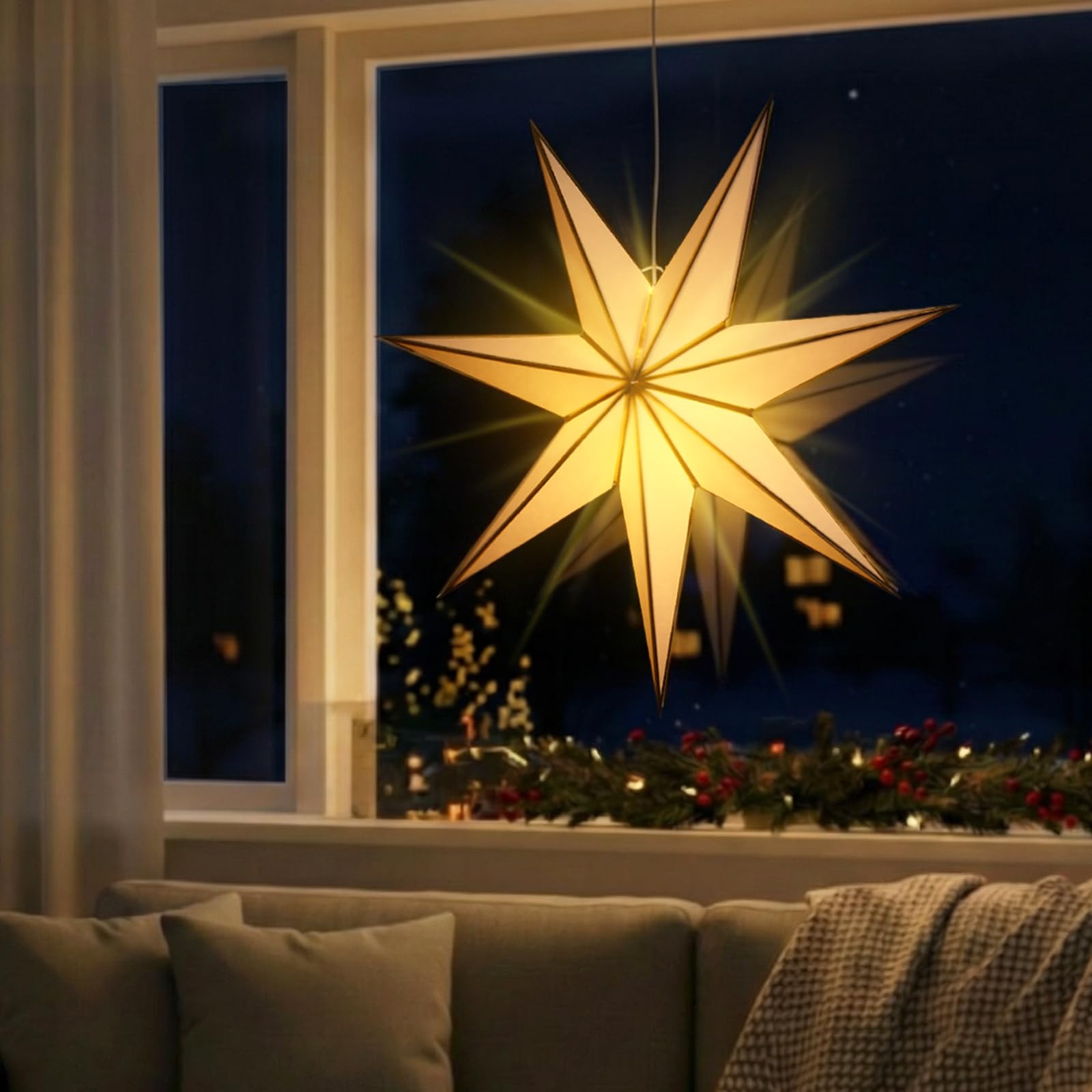 Photo 1 of Baquler 30 Large Christmas Paper Star Lantern with LED Light Foldable Decorative Paper Lantern Hanging Decor for Christmas Holiday Party Advent Star Holiday Porch Xmas Party Decor