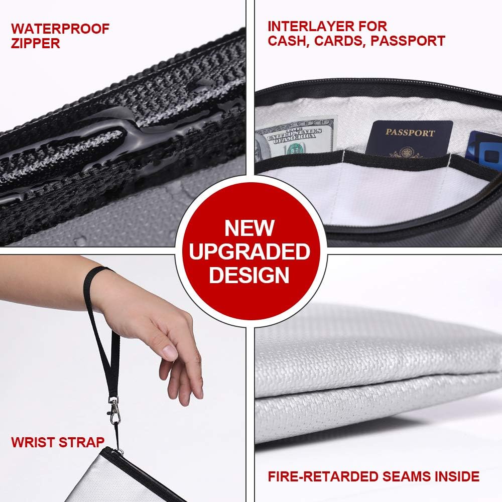 ROLOWAY Fireproof Document Bag (13.4 x 9.8 inches), Fireproof Money Bag for Cash, A4 Documents with Zipper & Strap (2-Pack) - - 