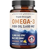 Triple Strength Omega 3 Fish Oil | 3600 mg EPA & DHA | Over 2100mg of Omega 3 Fatty Acids | 1300mg EPA + 860mg DHA | Best Ess