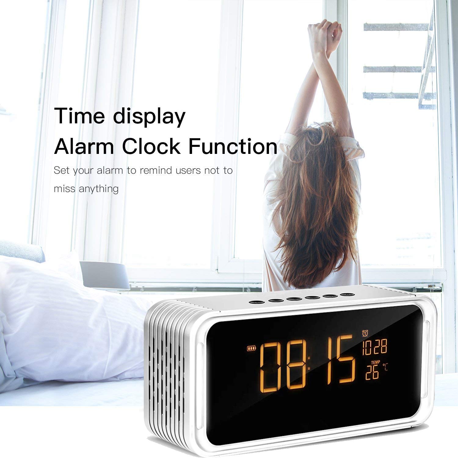 Portable Bluetooth Speaker, XPLUS 4.2 Wireless Bluetooth Speakers with LED Display, Hands-Free Phone Calling, FM Radio,Time,Date,Temperature,Snooze Function Double Alarm Clock (Grey)