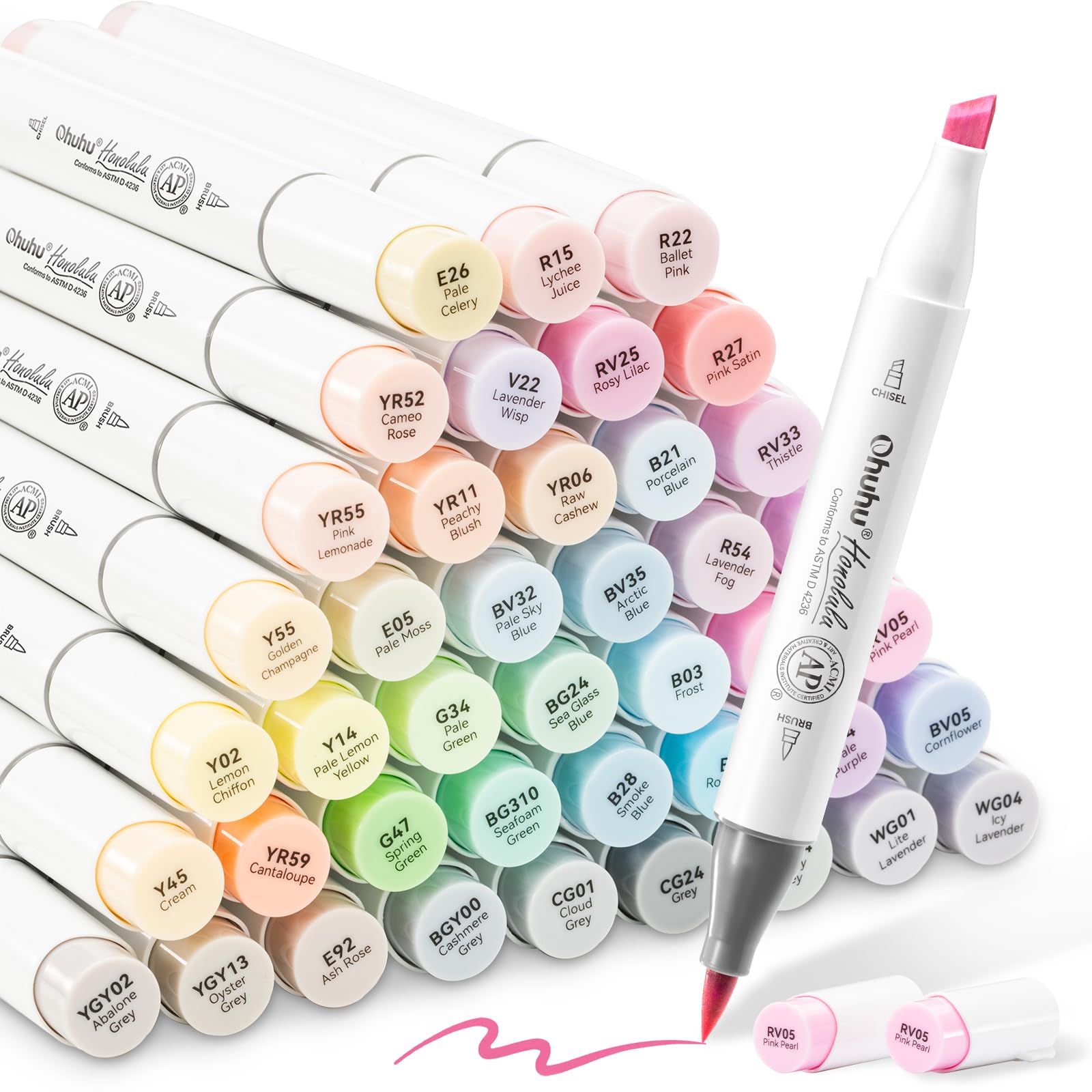 Ohuhu Pastel Alcohol Brush Markers- 48 Colors of Honolulu Sweetness Alcohol Based Double Tipped Art Marker Set for Artist Adults Coloring Illustration- Brush & Chisel - Refillable