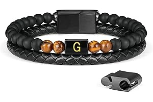 LUXEJEW Gifts for Men - Mens Bracelet, Beaded Leather Initial Bracelet 6mm Matte Agate Stone Handmade Bracelets Adjustable Stainless Steel Magnetic Clasp Mens Jewelry Gifts