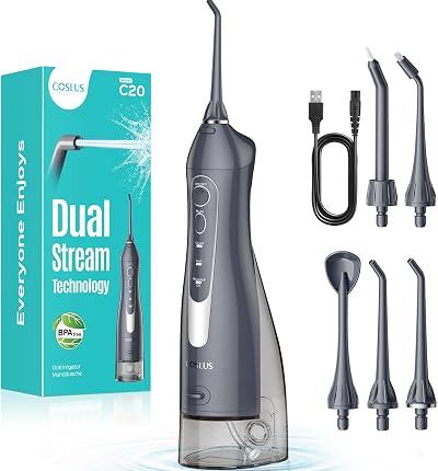 COSLUS C20 Water Flosser 300ml Rechargeable 5 Tips IPX7 Gray