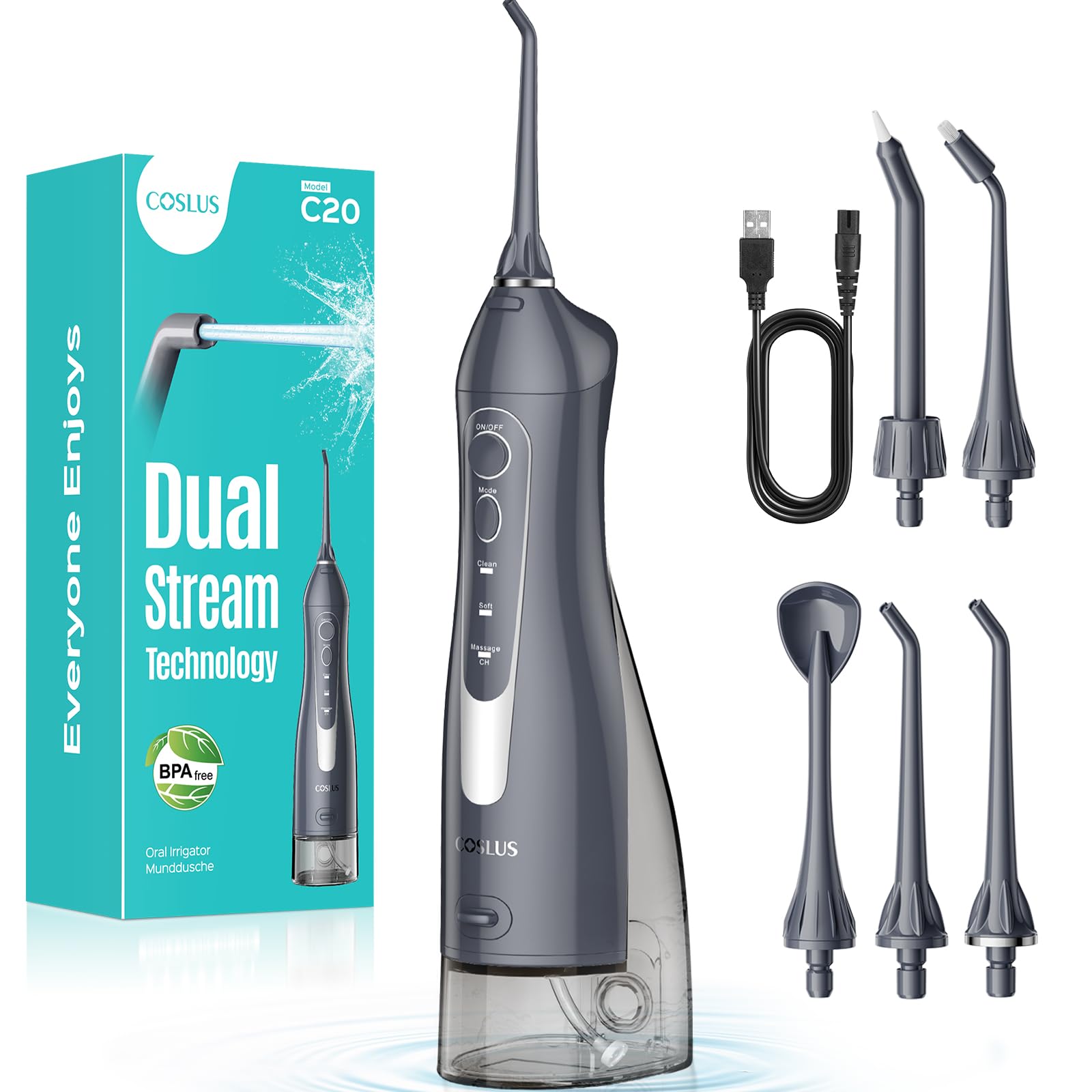 COSLUS C20 Water Dental Flosser Teeth Pick: 2026 Upgraded Portable Cordless Waterproof Flossing 300ML Rechargeable Travel Irrigation Cleaner IPX7 Gray